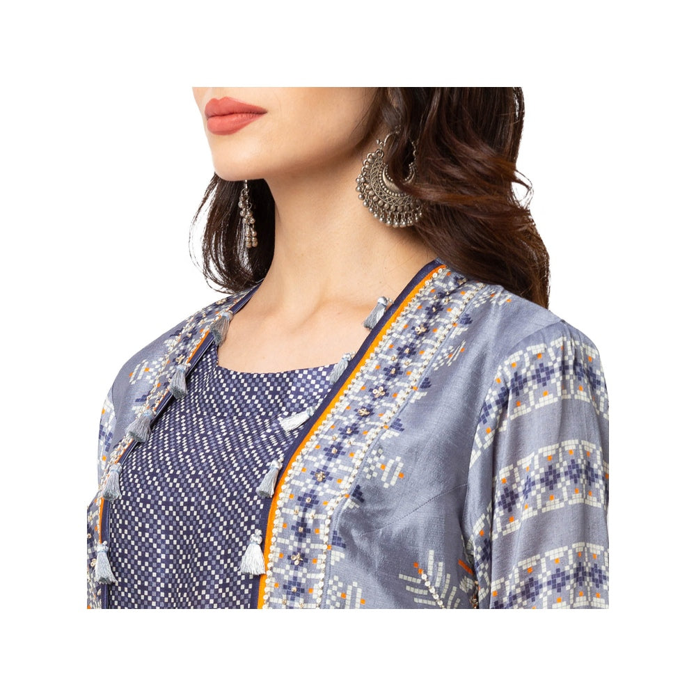 Soup by Sougat Paul Powder Blue Printed Sleeveless Jacket With Kurta And Bottom (Set of 3)