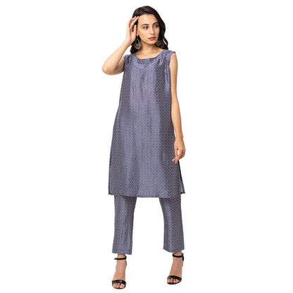 Soup by Sougat Paul Powder Blue Printed Sleeveless Jacket With Kurta And Bottom (Set of 3)