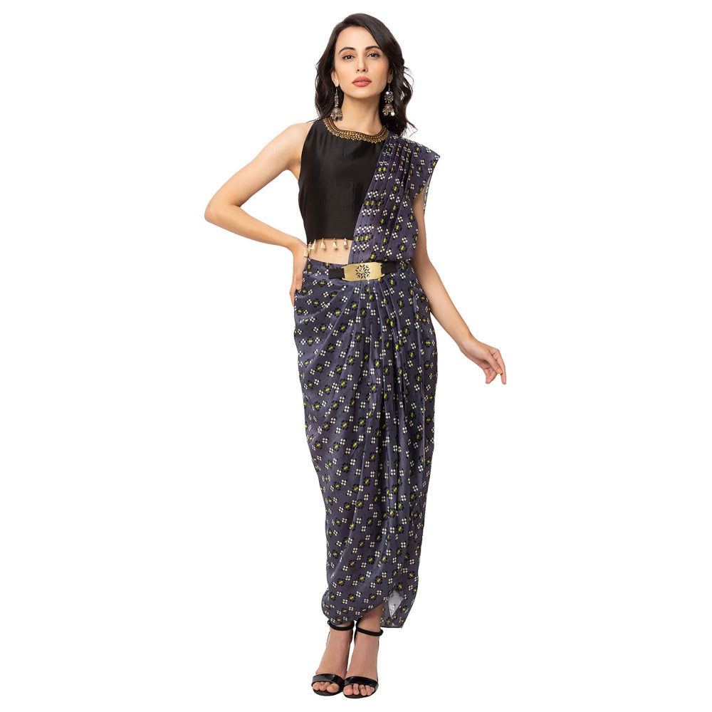 Soup by Sougat Paul Navy Blue Embroidered Saree With Stitched Blouse & Belt