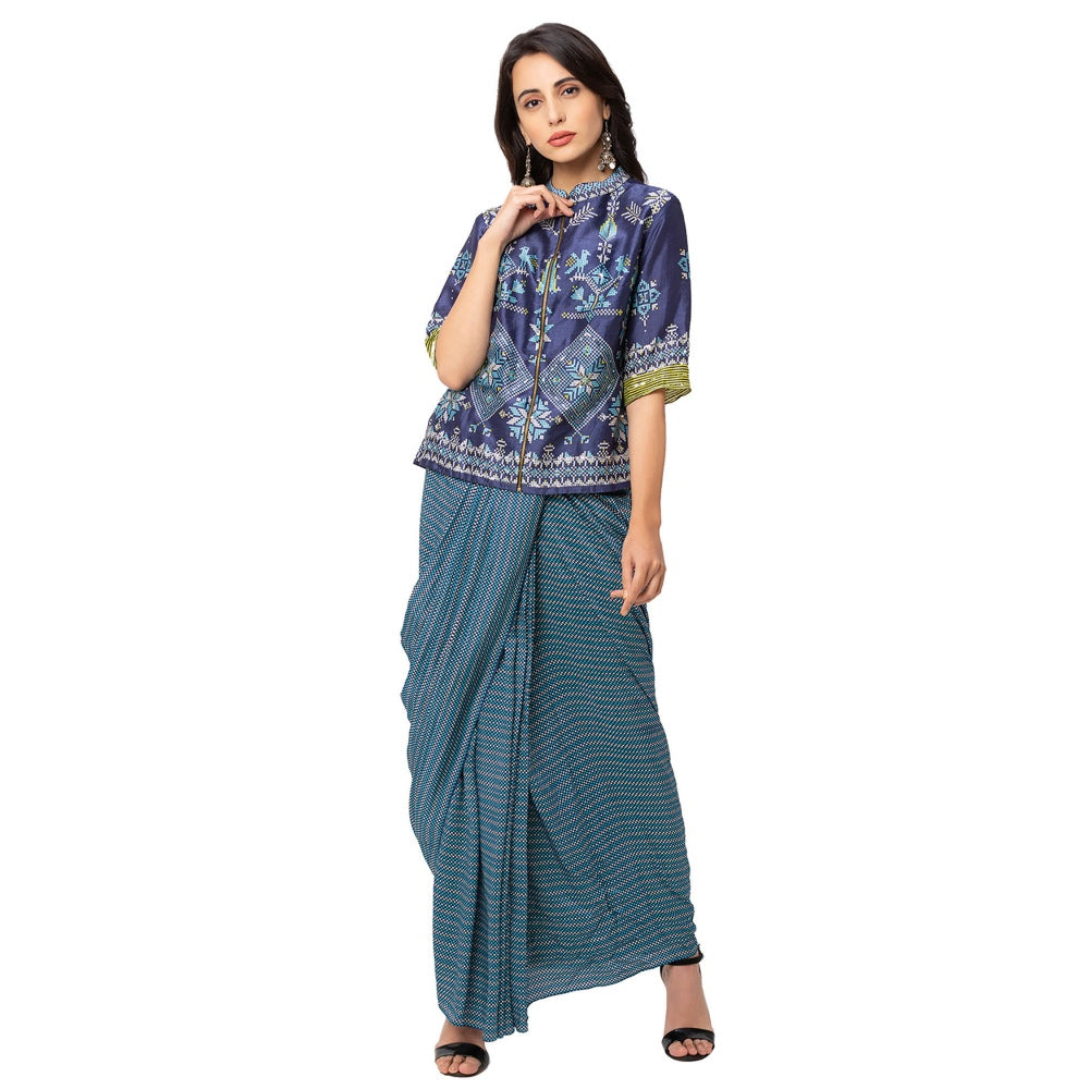 Soup by Sougat Paul Navy Blue Printed Skirt And Jacket (Set of 2)