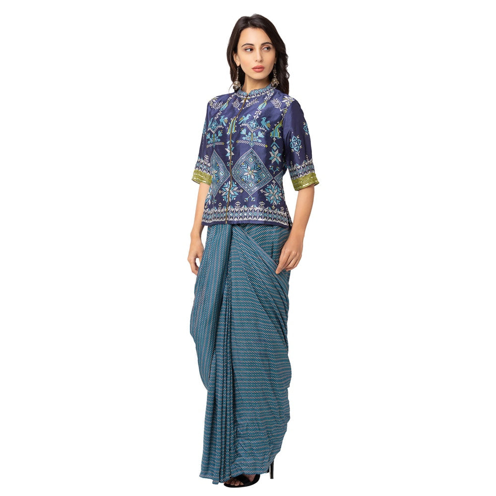 Soup by Sougat Paul Navy Blue Printed Skirt And Jacket (Set of 2)