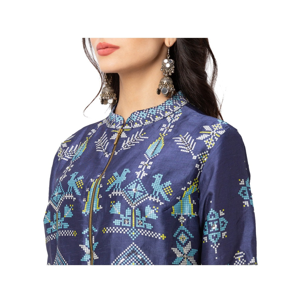 Soup by Sougat Paul Navy Blue Printed Skirt And Jacket (Set of 2)