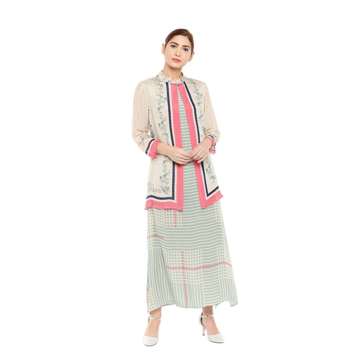 Soup by Sougat Paul Printed Jacket With Striped Dress - Customisable (Set of 2)