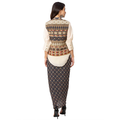 Soup by Sougat Paul Blue Printed Dhoti With Kurta And Jacket (Set of 3)