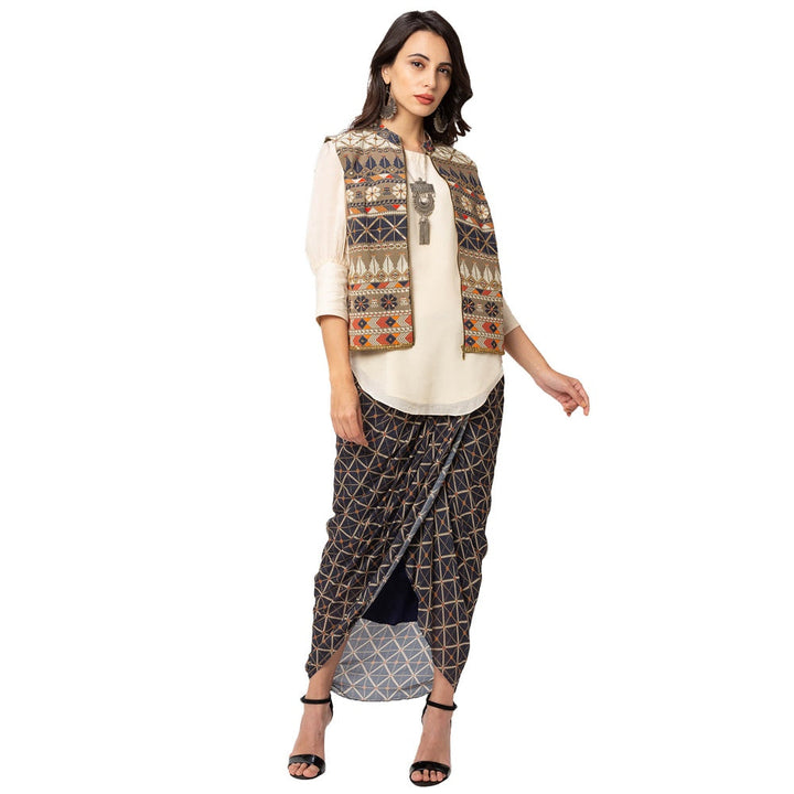 Soup by Sougat Paul Blue Printed Dhoti With Kurta And Jacket (Set of 3)