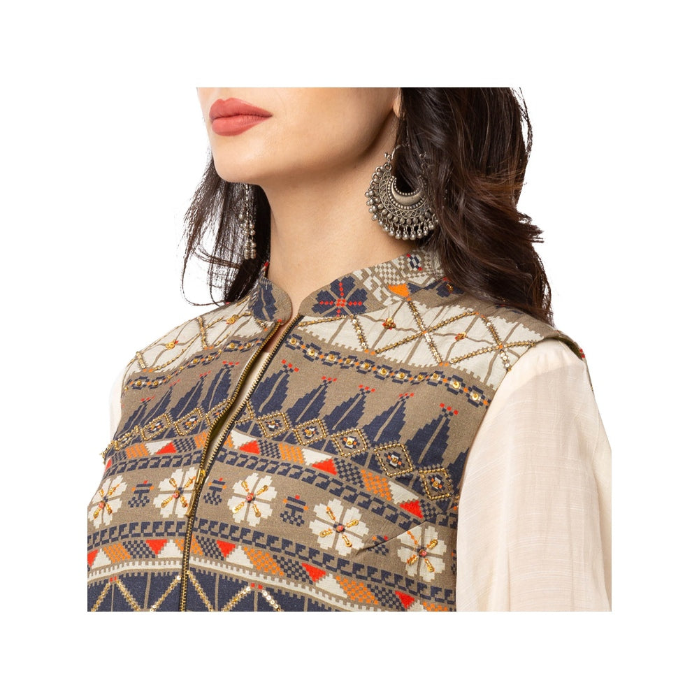 Soup by Sougat Paul Blue Printed Dhoti With Kurta And Jacket (Set of 3)