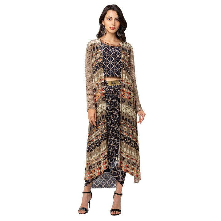 Soup by Sougat Paul Blue Printed Top Jacket And Dhoti (Set of 3)