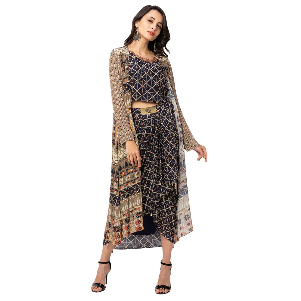 Soup by Sougat Paul Blue Printed Top Jacket And Dhoti (Set of 3)