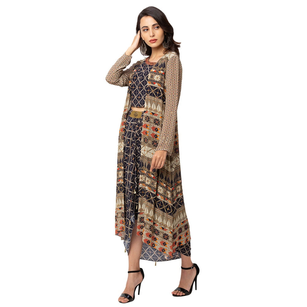 Soup by Sougat Paul Blue Printed Top Jacket And Dhoti (Set of 3)