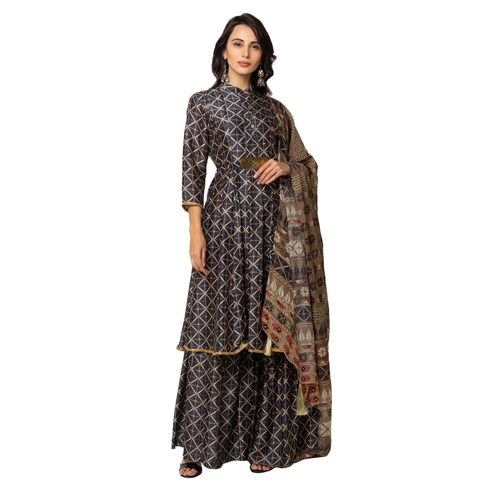 Soup by Sougat Paul Blue Printed Kurta Sharara And Dupatta (Set of 3)