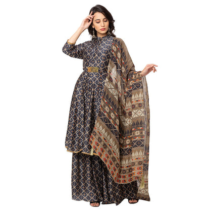 Soup by Sougat Paul Blue Printed Kurta Sharara And Dupatta (Set of 3)