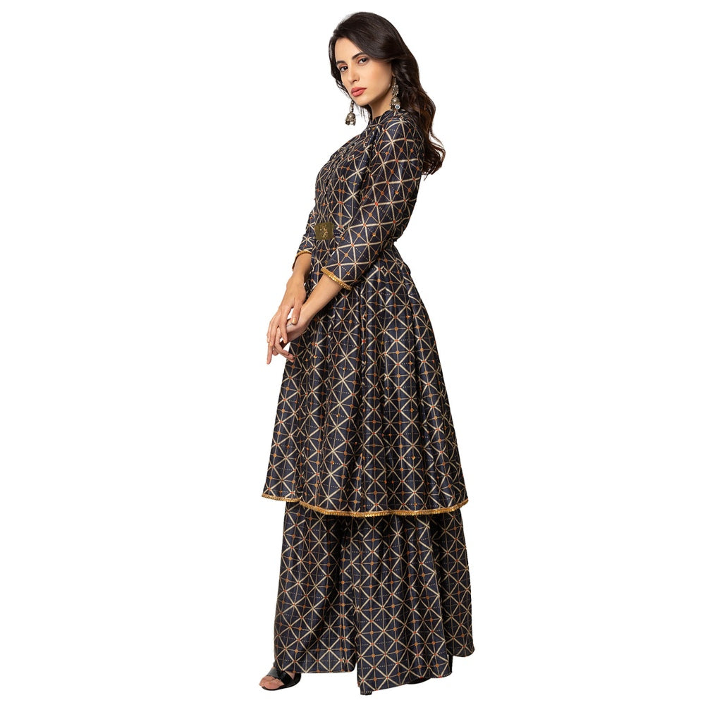 Soup by Sougat Paul Blue Printed Kurta Sharara And Dupatta (Set of 3)