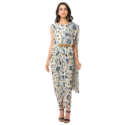 Soup by Sougat Paul Off White Printed Saree With Stitched Blouse & Belt