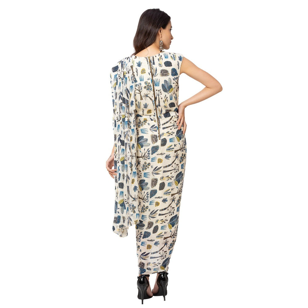 Soup by Sougat Paul Off White Printed Saree With Stitched Blouse & Belt