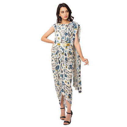 Soup by Sougat Paul Off White Printed Saree With Stitched Blouse & Belt