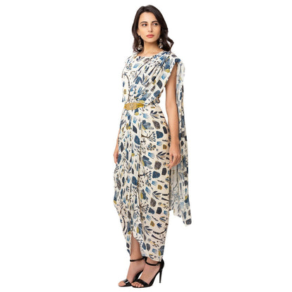 Soup by Sougat Paul Off White Printed Saree With Stitched Blouse & Belt