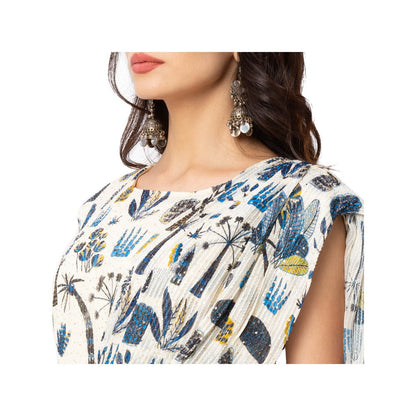 Soup by Sougat Paul Off White Printed Saree With Stitched Blouse & Belt