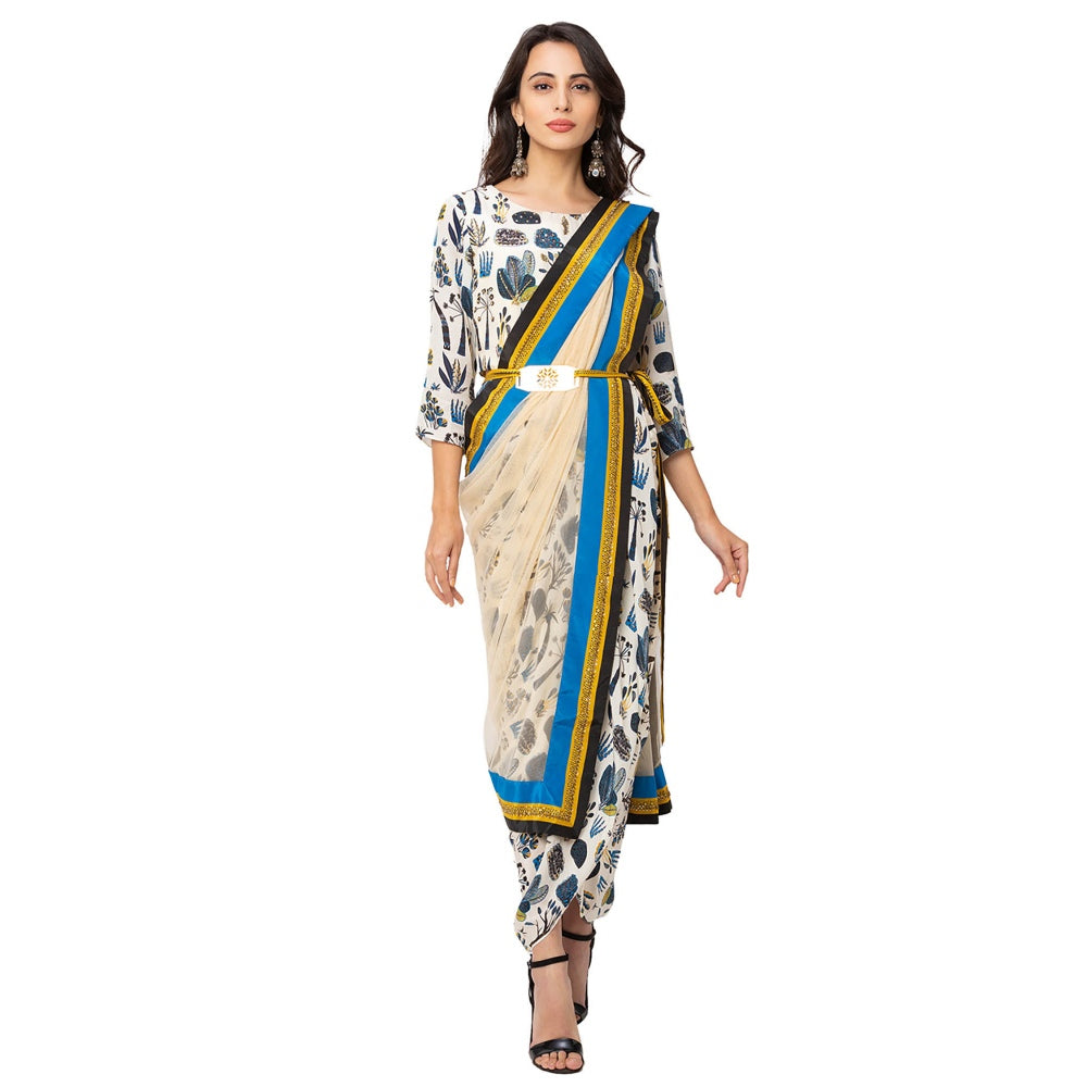 Soup by Sougat Paul Off White Printed Saree With Stitched Blouse & Belt