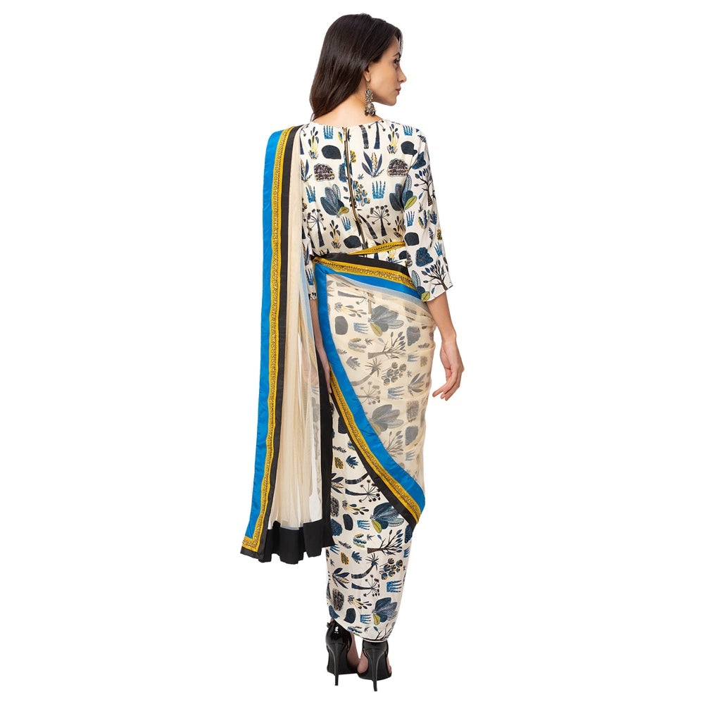 Soup by Sougat Paul Off White Printed Saree With Stitched Blouse & Belt