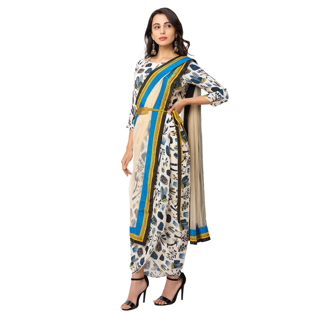 Soup by Sougat Paul Off White Printed Saree With Stitched Blouse & Belt