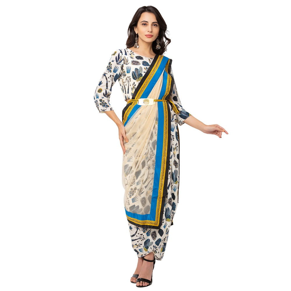 Soup by Sougat Paul Off White Printed Saree With Stitched Blouse & Belt