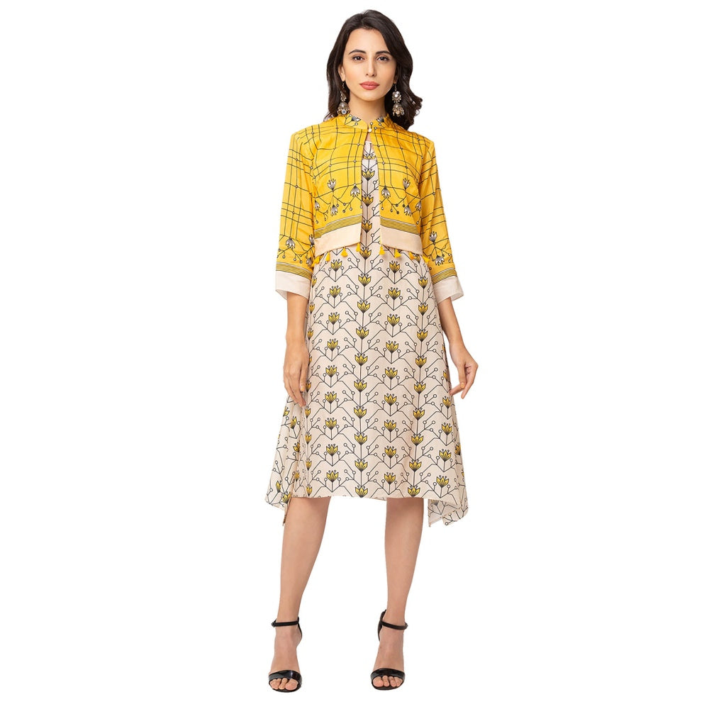 Soup by Sougat Paul Yellow Floral Jacket And Dress (Set of 2)