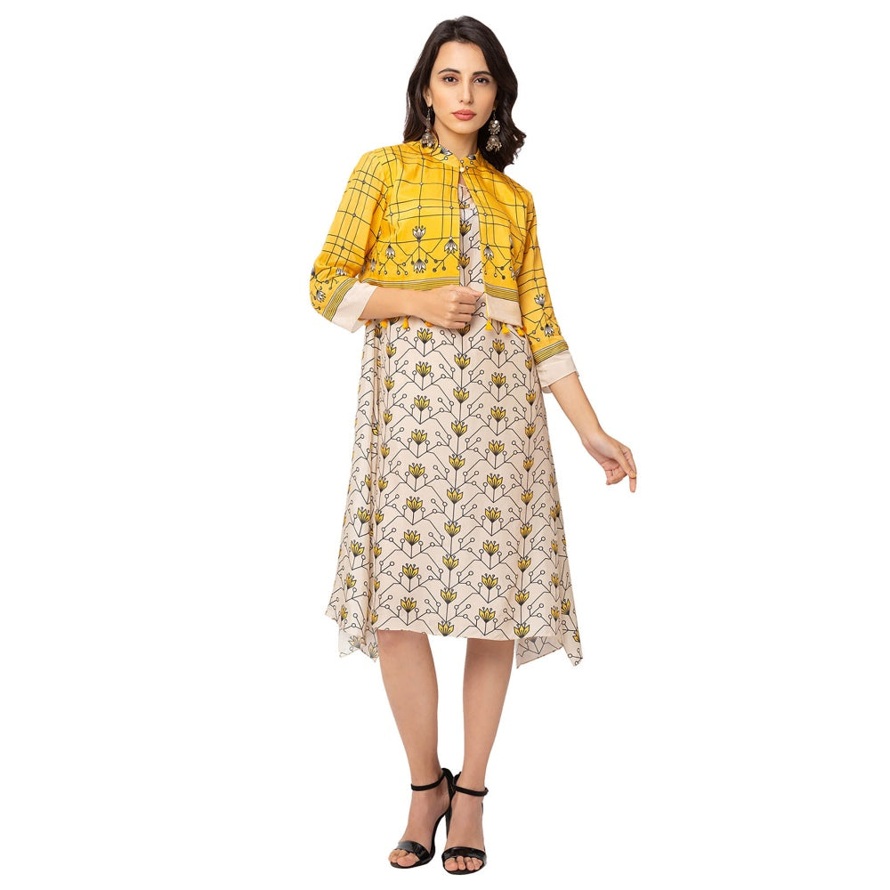 Soup by Sougat Paul Yellow Floral Jacket And Dress (Set of 2)