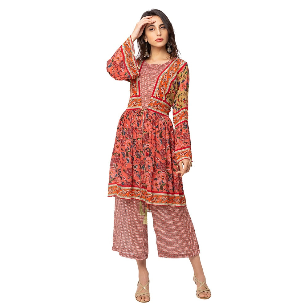 Soup by Sougat Paul Red Floral Jumpsuit Jacket (Set of 2)