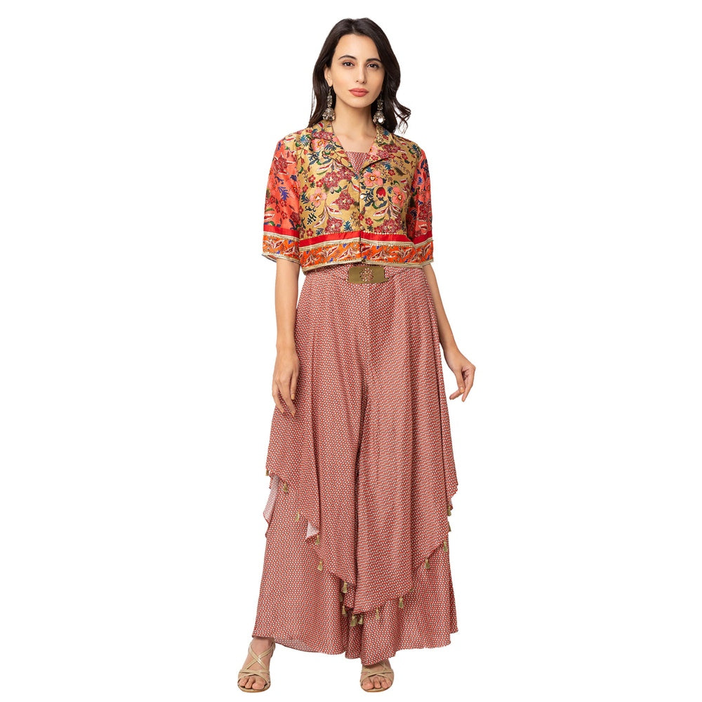 Soup by Sougat Paul Red Floral Jumpsuit And Jacket (Set of 3)