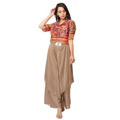 Soup by Sougat Paul Beige Floral Jumpsuit And Jacket (Set of 3)