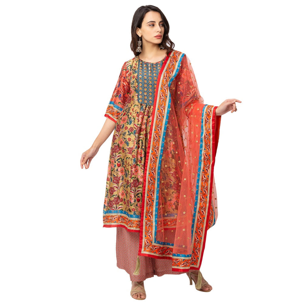 Soup by Sougat Paul Red Floral Front Pleated Kurta With Dupatta (Set of 3)