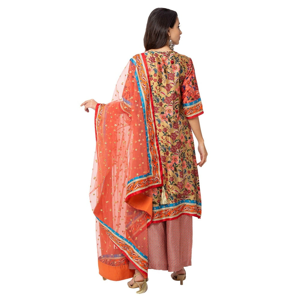 Soup by Sougat Paul Red Floral Front Pleated Kurta With Dupatta (Set of 3)