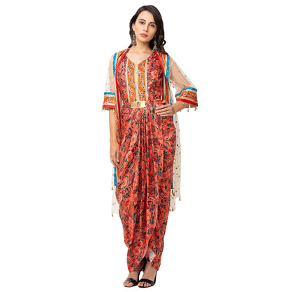 Soup by Sougat Paul Red Floral Dress And Jacket (Set of 2)