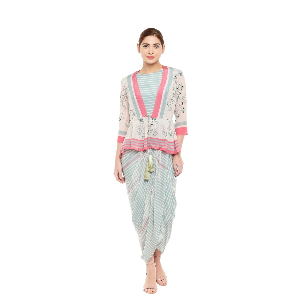 Soup by Sougat Paul Striped Drape Dress With Floral Peplum Jacket - Customisable (Set of 2)