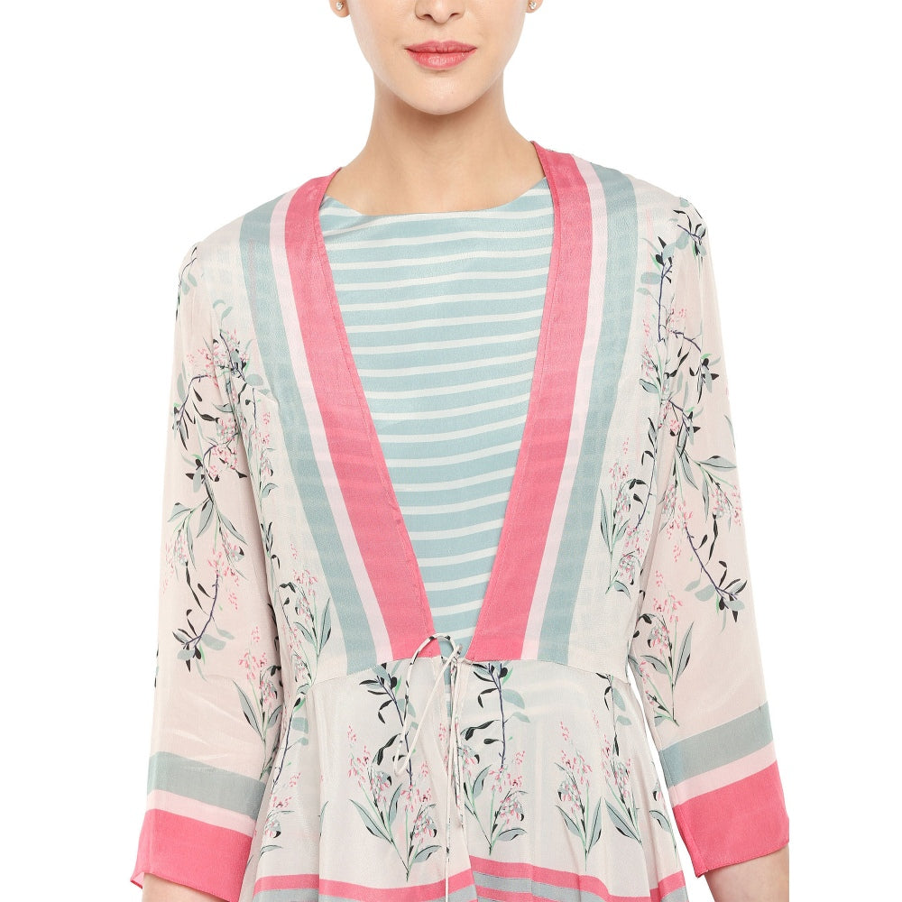 Soup by Sougat Paul Striped Drape Dress With Floral Peplum Jacket - Customisable (Set of 2)