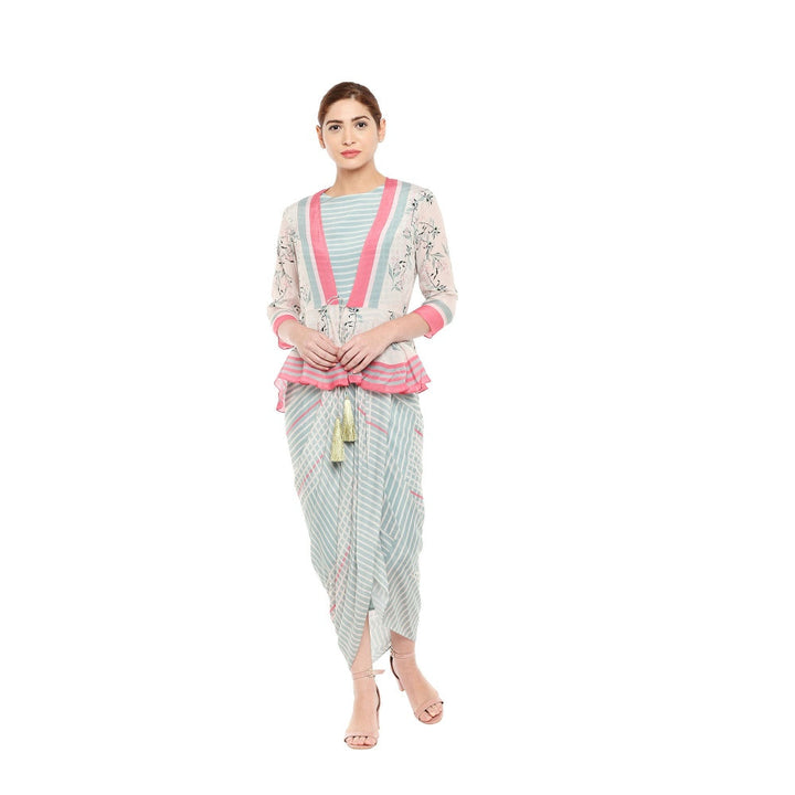 Soup by Sougat Paul Striped Drape Dress With Floral Peplum Jacket - Customisable (Set of 2)