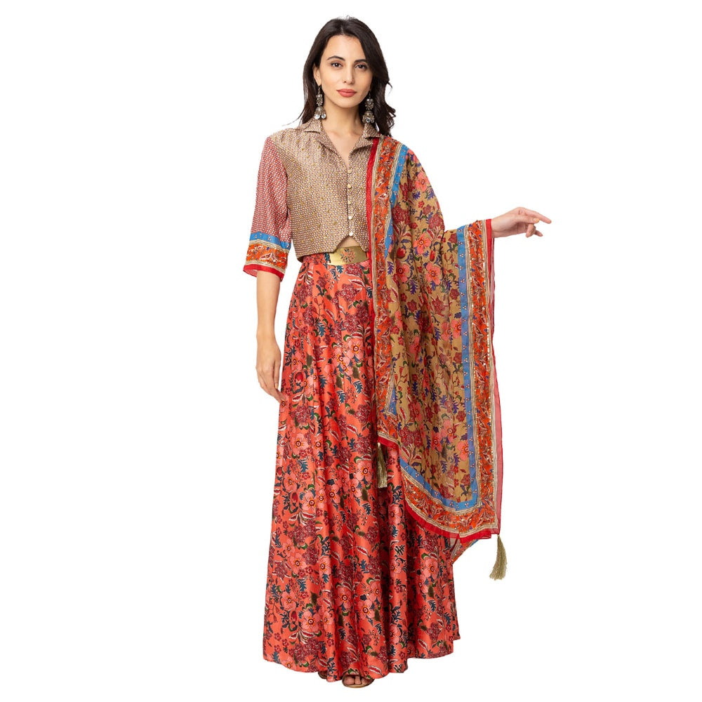Soup by Sougat Paul Red Printed Blouse With Skirt And Dupatta (Set of 3)