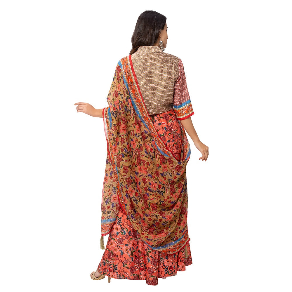 Soup by Sougat Paul Red Printed Blouse With Skirt And Dupatta (Set of 3)