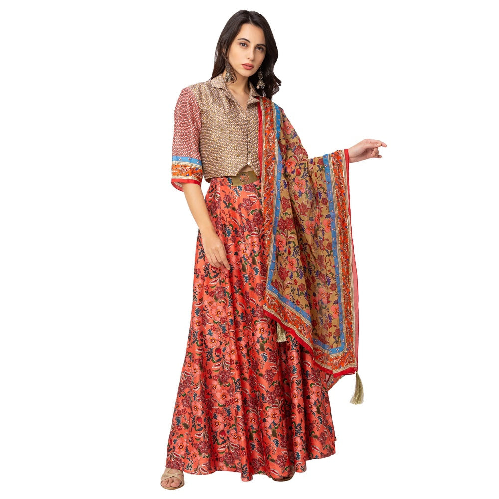 Soup by Sougat Paul Red Printed Blouse With Skirt And Dupatta (Set of 3)