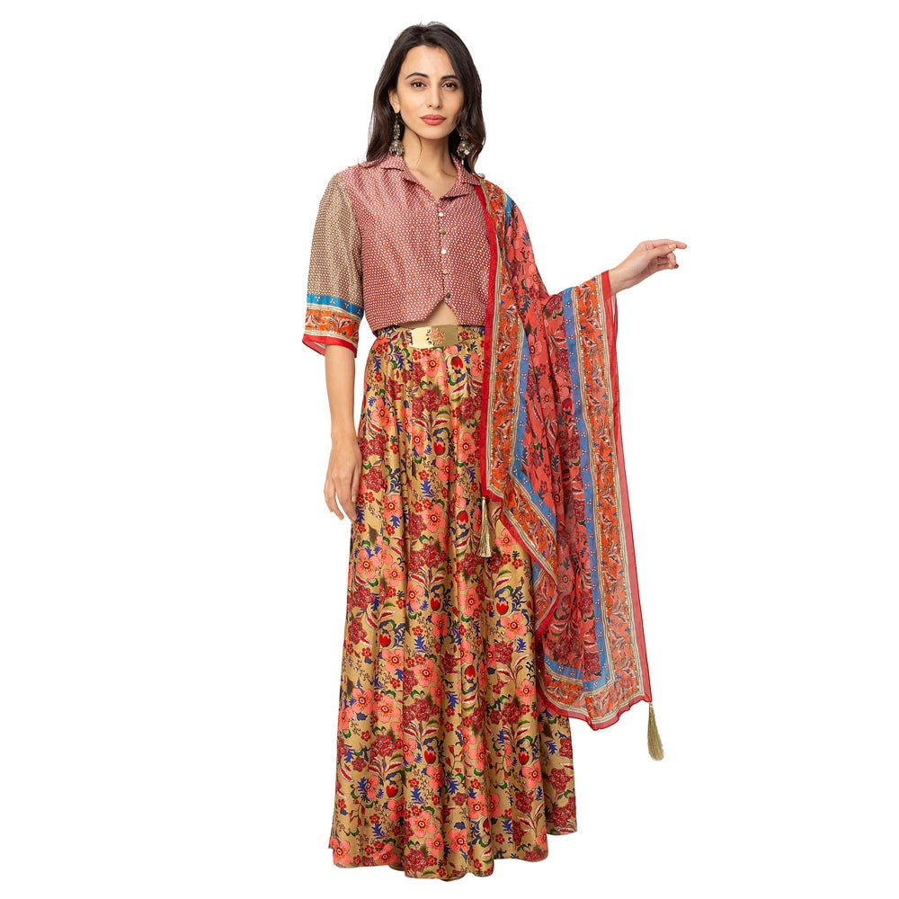 Soup by Sougat Paul Yellow Printed Blouse With Skirt And Dupatta (Set of 3)