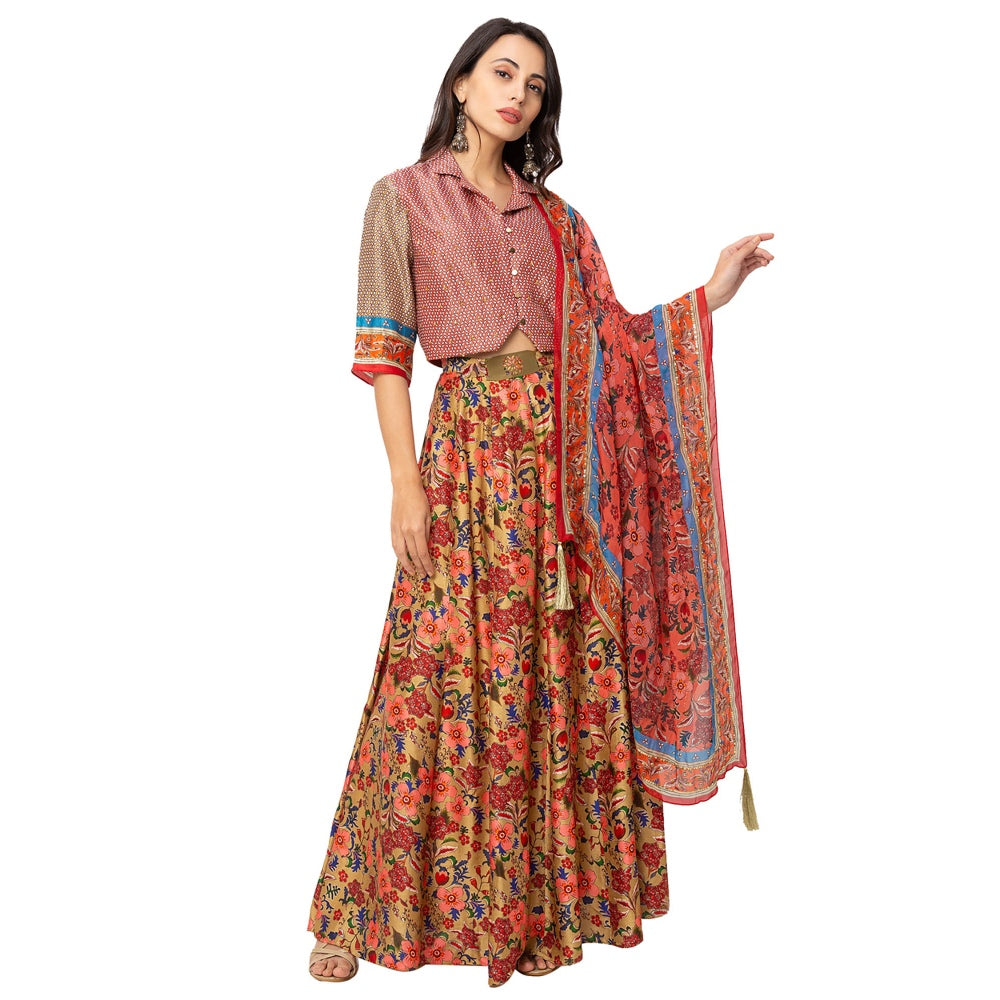 Soup by Sougat Paul Yellow Printed Blouse With Skirt And Dupatta (Set of 3)