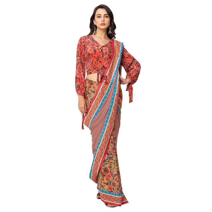 Soup by Sougat Paul Red Printed Saree With Stitched Blouse