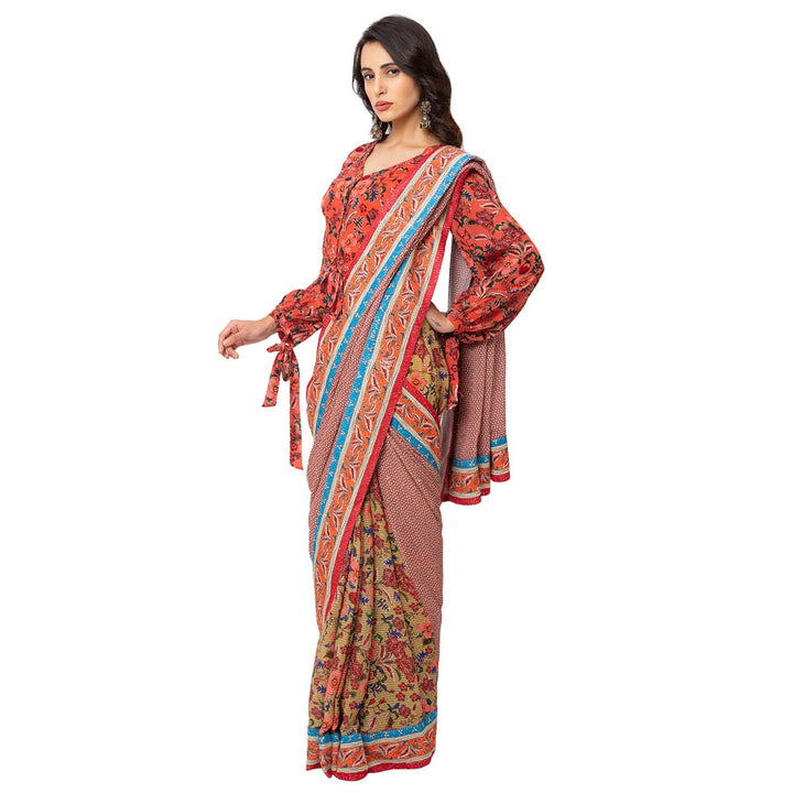 Soup by Sougat Paul Red Printed Saree With Stitched Blouse