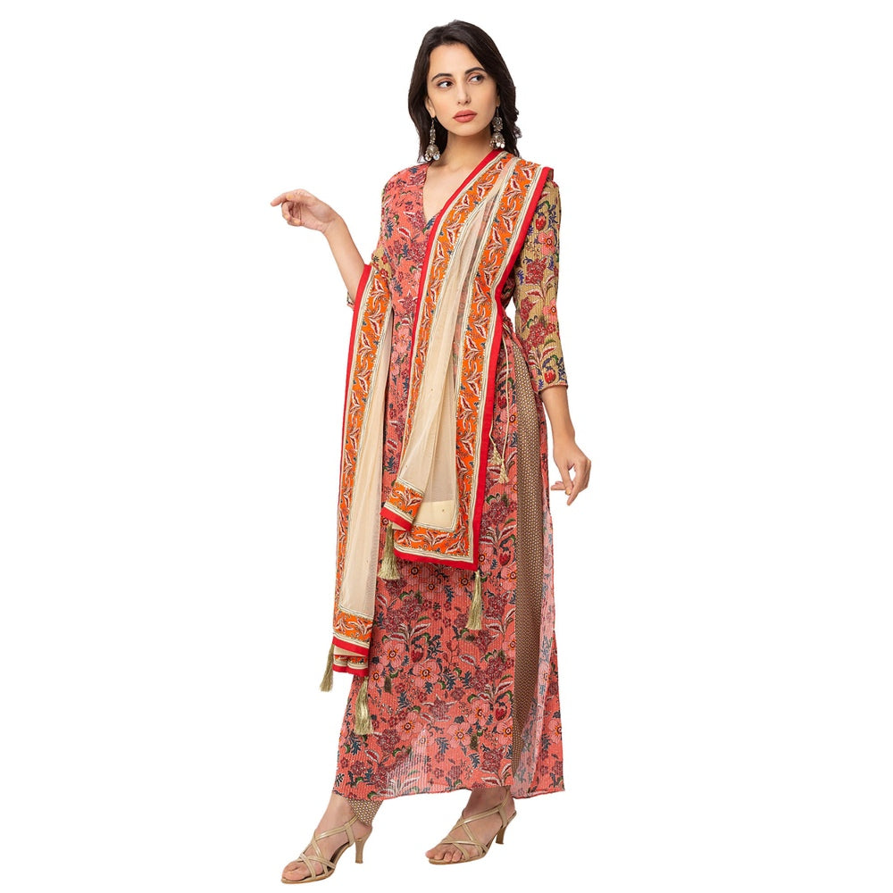 Soup by Sougat Paul Red Floral Kurta Pant And Dupatta (Set of 3)