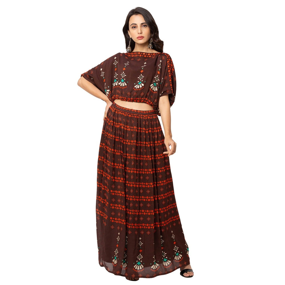 Soup by Sougat Paul Coffee Floral Top And Skirt (Set of 2)