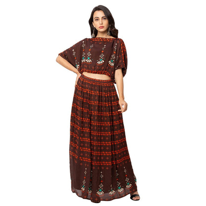 Soup by Sougat Paul Coffee Floral Top And Skirt (Set of 2)