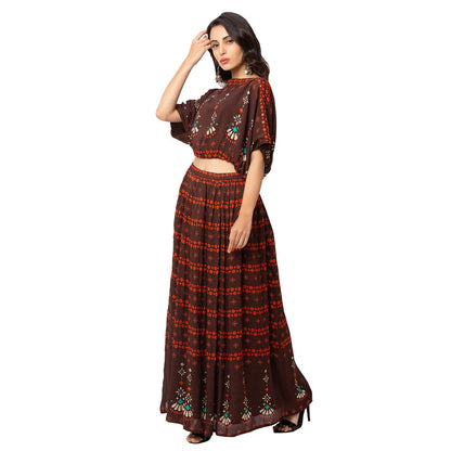 Soup by Sougat Paul Coffee Floral Top And Skirt (Set of 2)