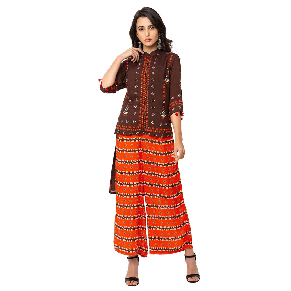 Soup by Sougat Paul Coffee Floral Top And Pants (Set of 2)