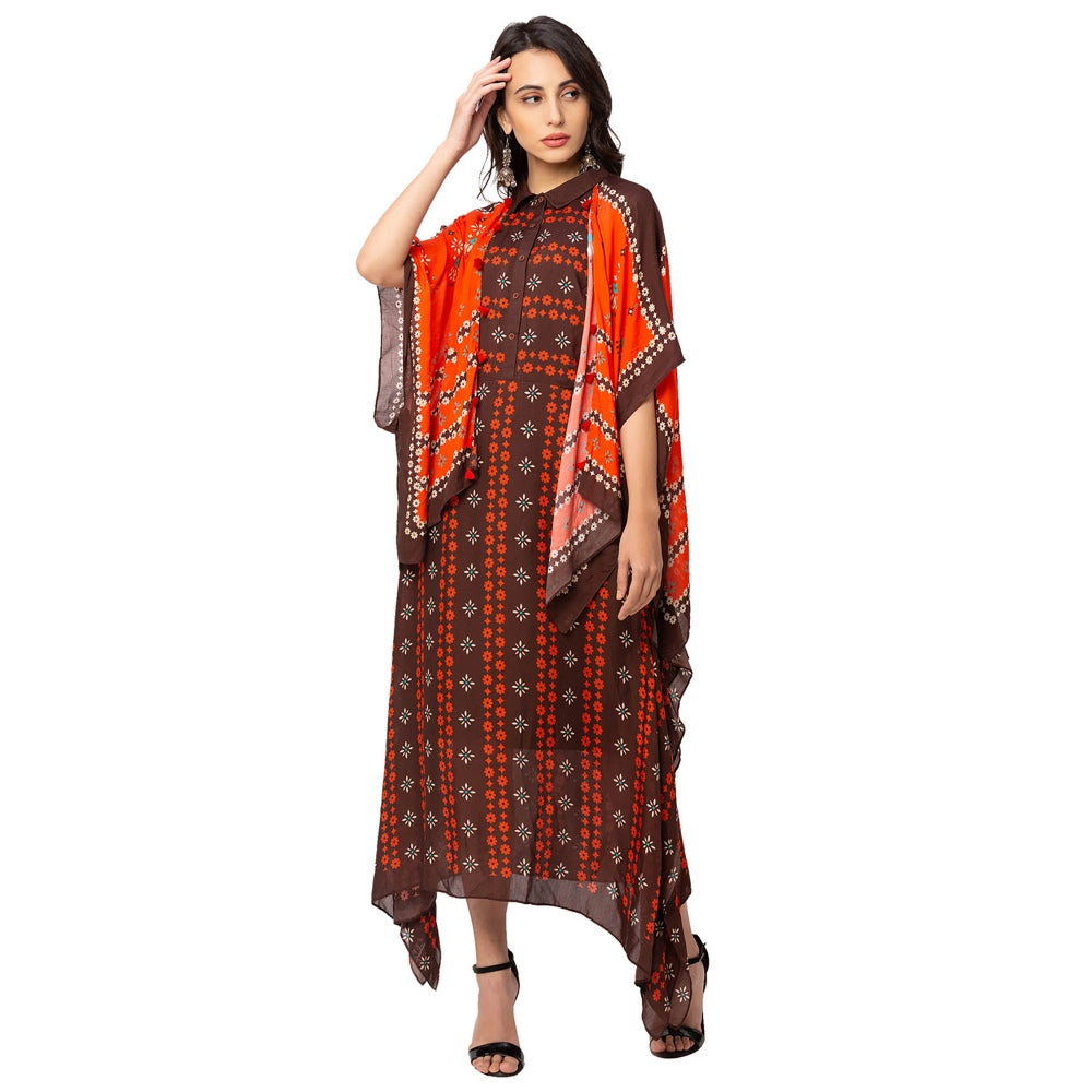 Soup by Sougat Paul Coffee Printed Dress And Jacket (Set of 2)