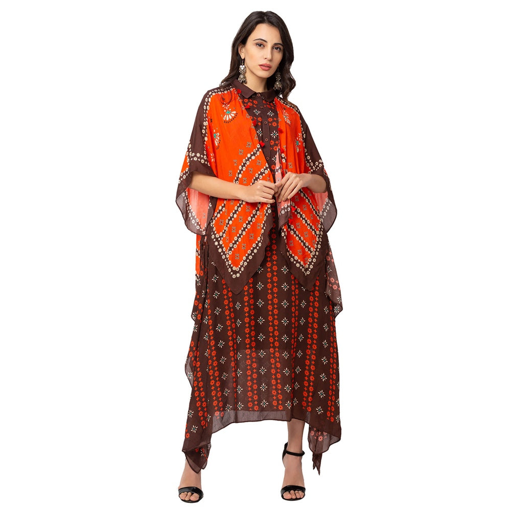 Soup by Sougat Paul Coffee Printed Dress And Jacket (Set of 2)